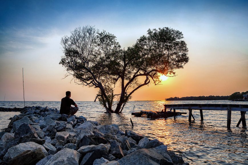 Modern Mystery School man on rock shoreline